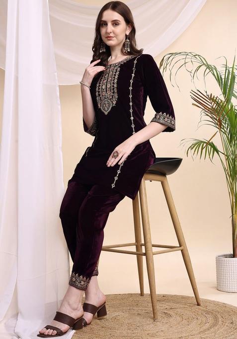 Maroon Embroidered Velvet Kurta Set