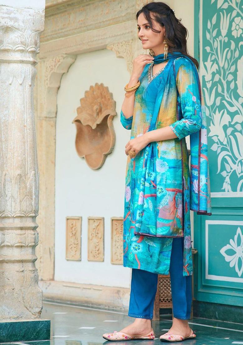 Blue Solid Shantoon Kurta Set - Indya