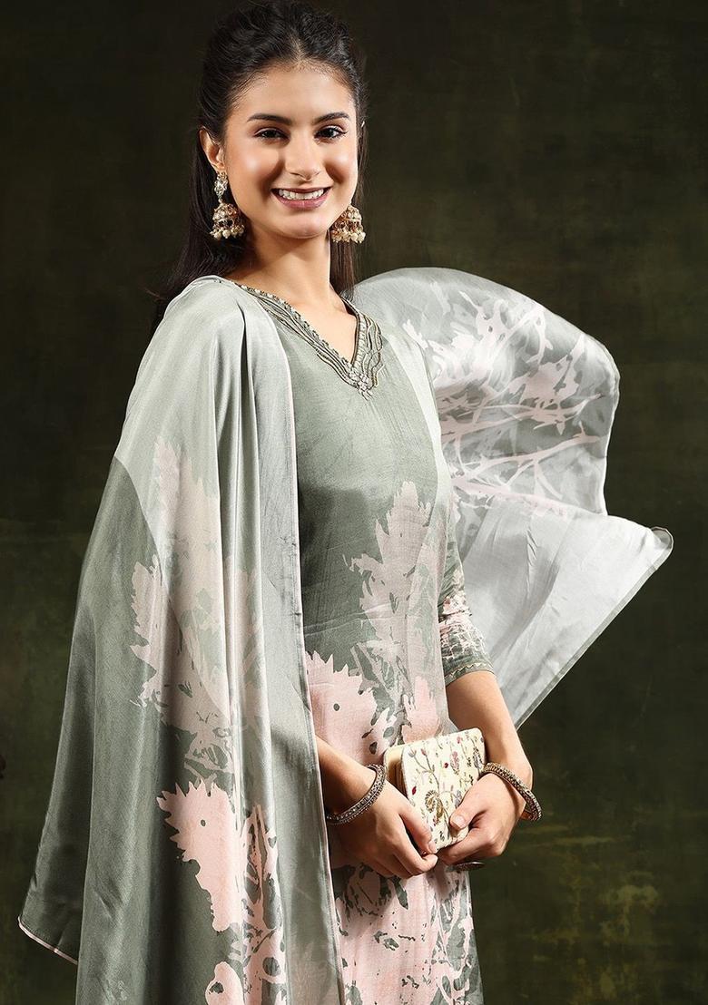 Green Solid Shantoon Kurta Set - Indya