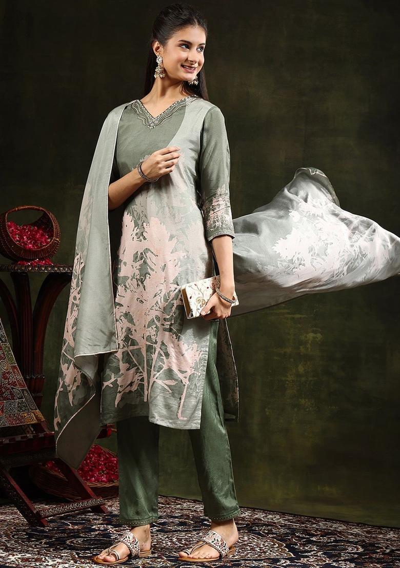 Green Solid Shantoon Kurta Set - Indya