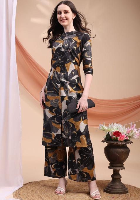 Black Printed Silk Blend Kurta Set