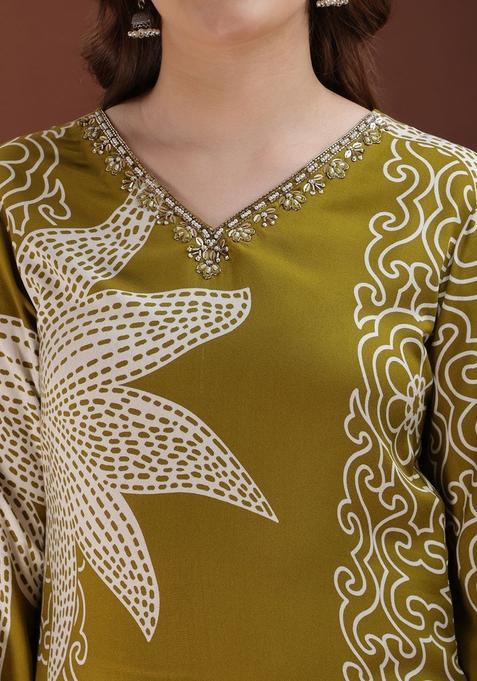 Green Printed Viscose Rayon Kurta Set