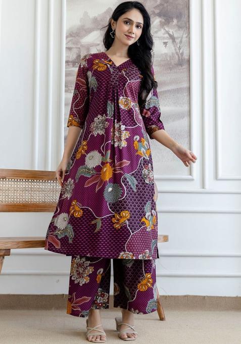 Purple Printed Silk Blend Kurta Set