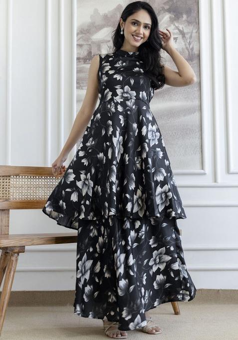 Black Printed Polyester Kurta Set