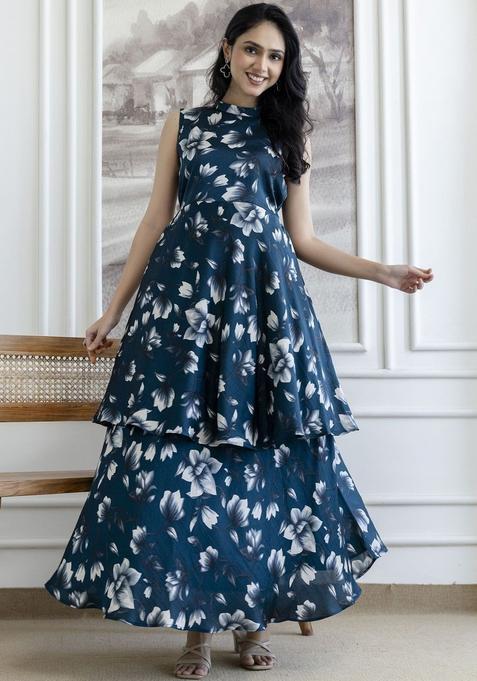 Teal Printed Polyester Kurta Set
