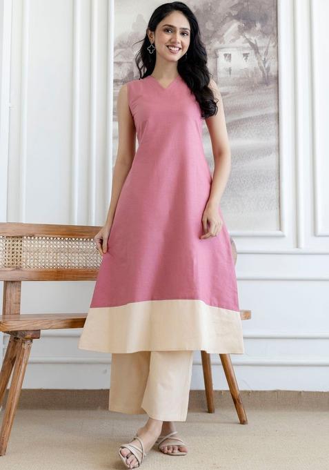 Pink Solid Cotton Kurta Set