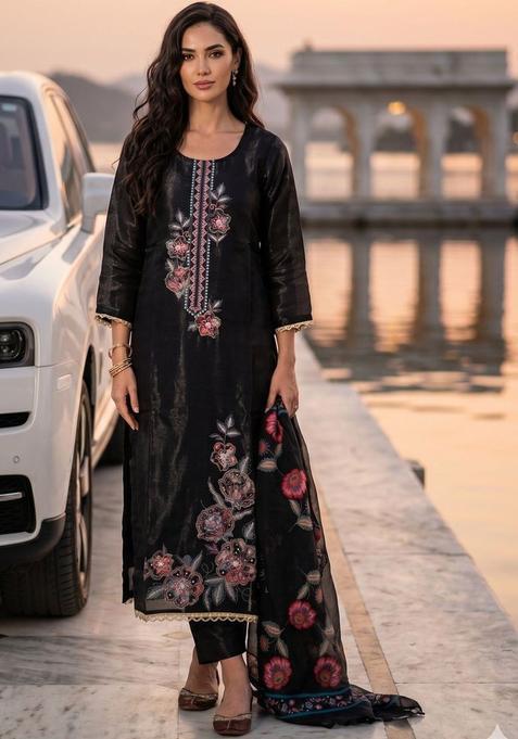 Black Solid Tissue Kurta Set