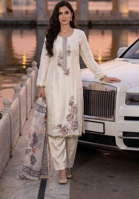 Off White Dyed Tissue Kurta Set