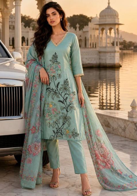 Sea Green Solid Tissue Kurta Set