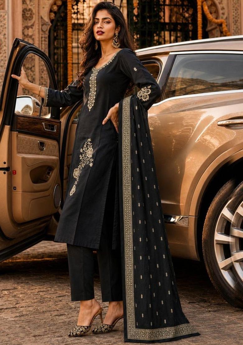 Black Solid Cotton Blend Kurta Set - Indya