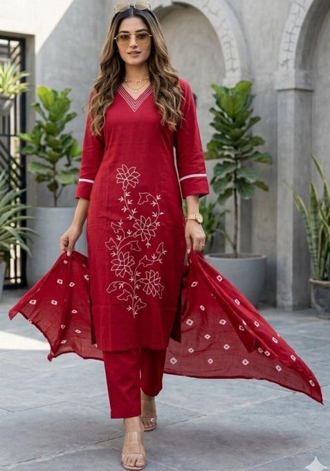 Red Solid Viscose Rayon Kurta Set