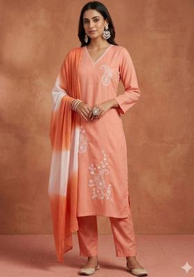 Peach Solid Viscose Rayon Kurta Set