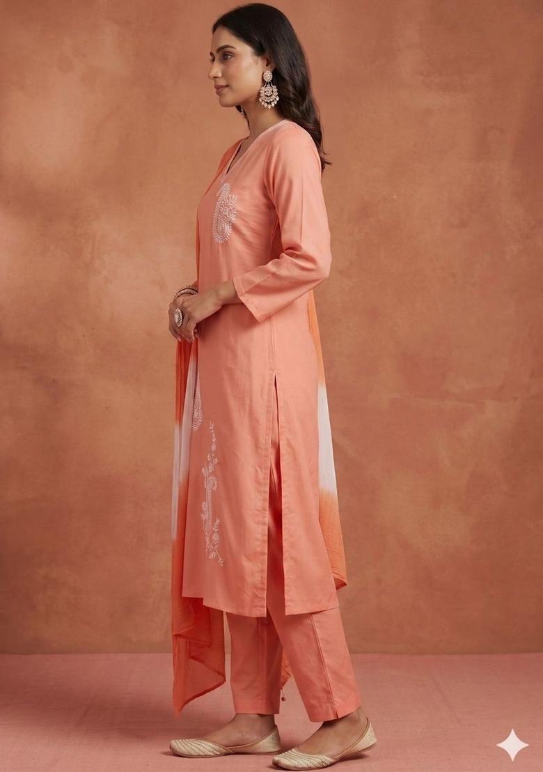Peach Solid Viscose Rayon Kurta Set - Indya
