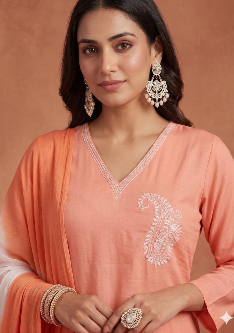 Peach Solid Viscose Rayon Kurta Set - Indya