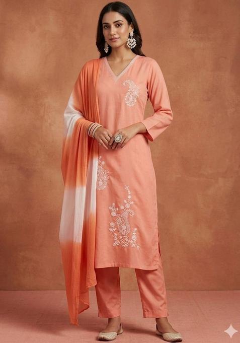 Peach Solid Viscose Rayon Kurta Set