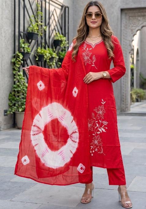 Red Solid Viscose Rayon Kurta Set