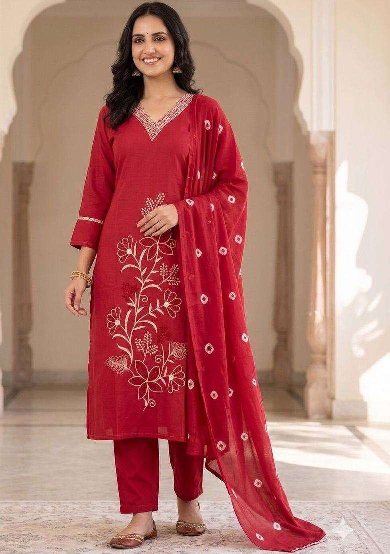 Red Solid Viscose Rayon Kurta Set - Indya