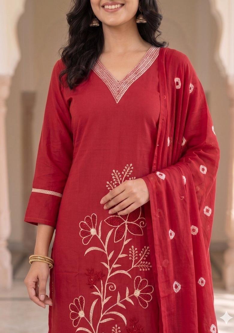 Red Solid Viscose Rayon Kurta Set - Indya