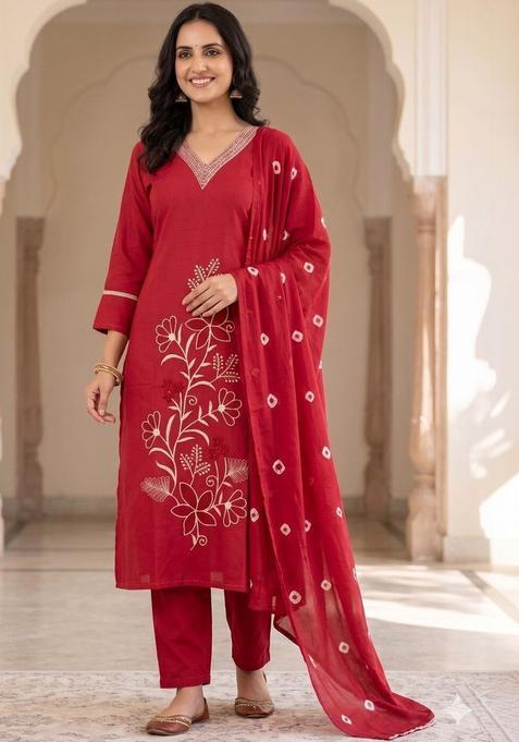 Red Solid Viscose Rayon Kurta Set