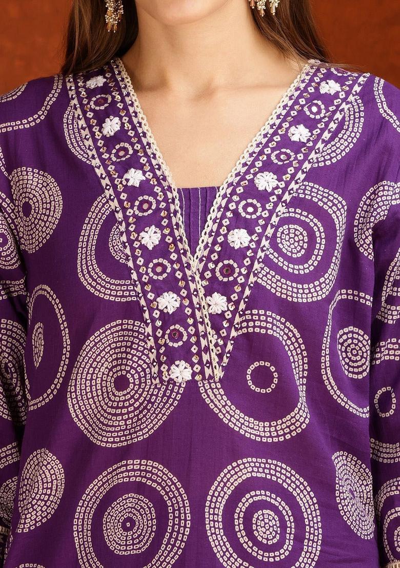 Purple Printed Cotton Kurta Set - Indya