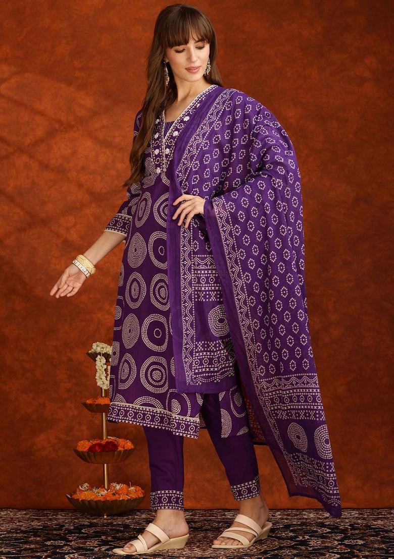 Purple Printed Cotton Kurta Set - Indya
