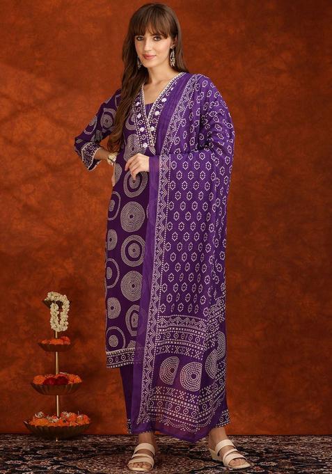 Purple Printed Cotton Kurta Set