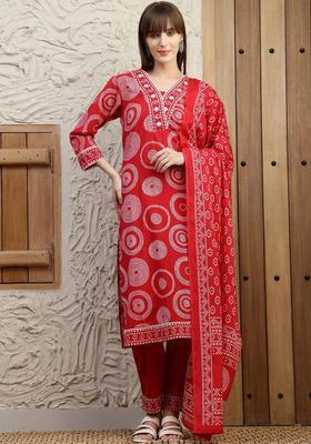 Red Printed Cotton Kurta Set