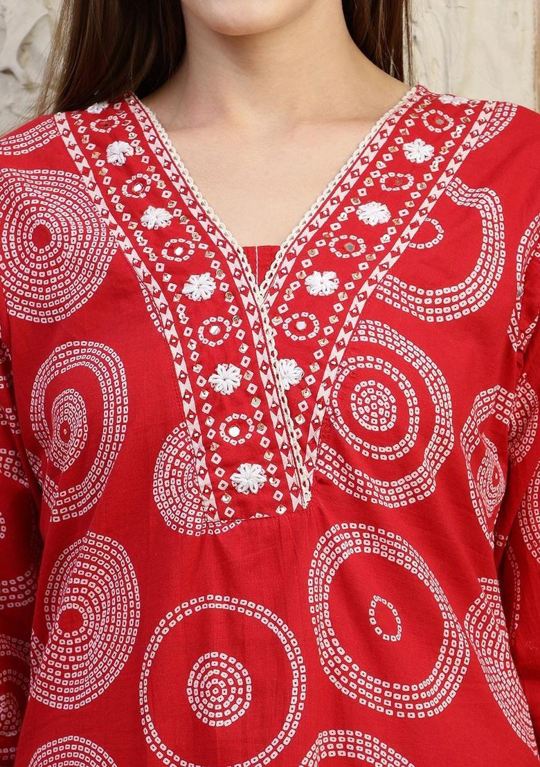 Red Printed Cotton Kurta Set - Indya