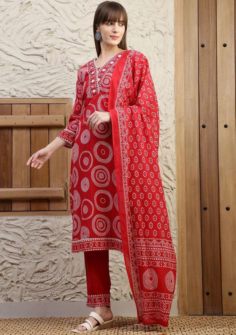 Red Printed Cotton Kurta Set - Indya