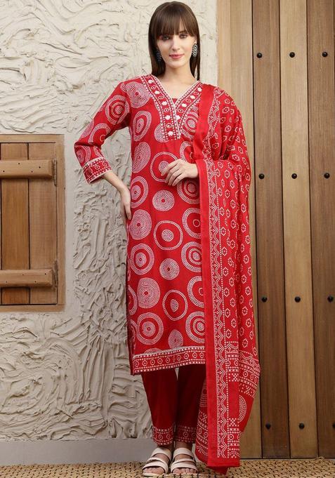 Red Printed Cotton Kurta Set