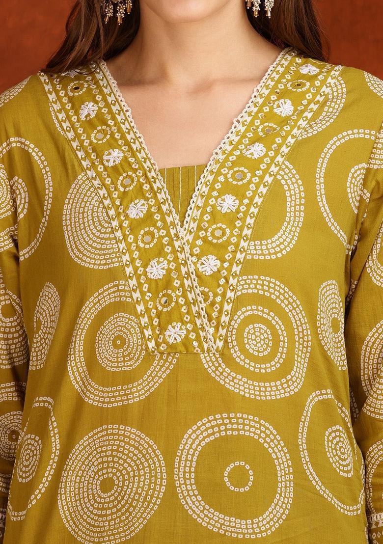 Yellow Printed Cotton Kurta Set - Indya