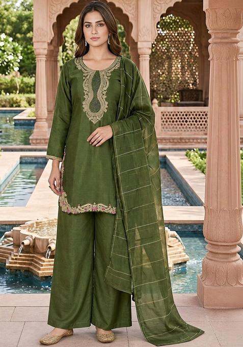 Olive Solid Tissue Kurta Set