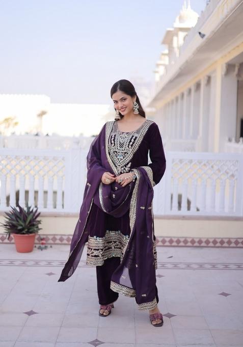 Wine Embroidered Velvet Salwar Kameez