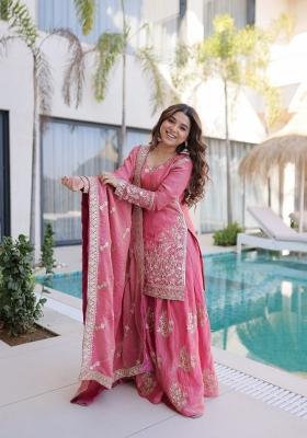 Peach Embroidered Silk Salwar Kameez