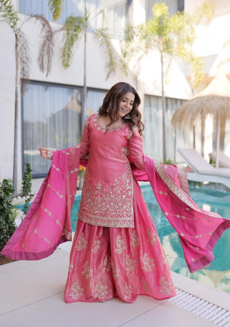 Peach Embroidered Silk Blend Salwar Kameez - Indya