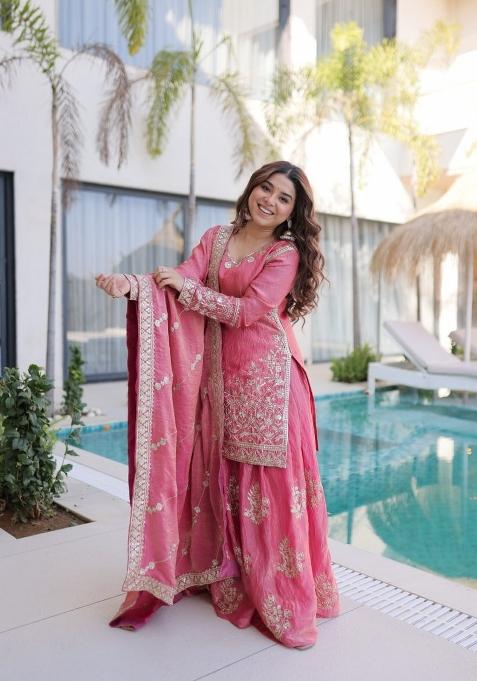 Peach Embroidered Silk Salwar Kameez