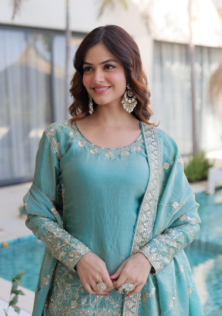 Sky Blue Embroidered Silk Blend Salwar Kameez - Indya