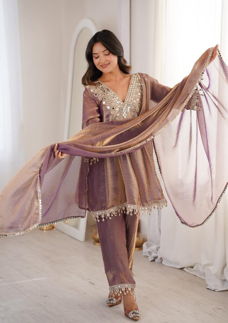 Purple Embroidered Silk Blend Salwar Kameez - Indya