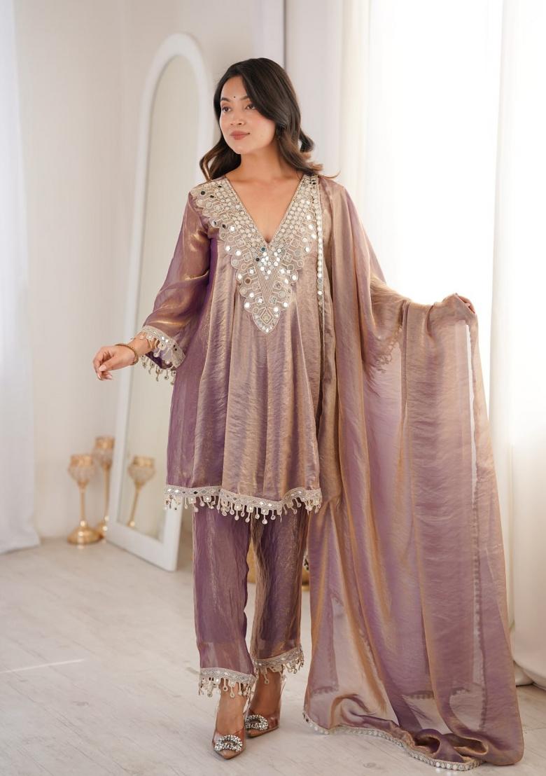 Purple Embroidered Silk Blend Salwar Kameez - Indya
