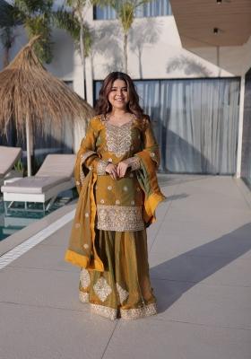 Golden Embroidered Silk Blend Salwar Kameez
