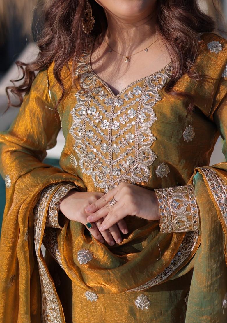 Golden Embroidered Silk Blend Salwar Kameez - Indya