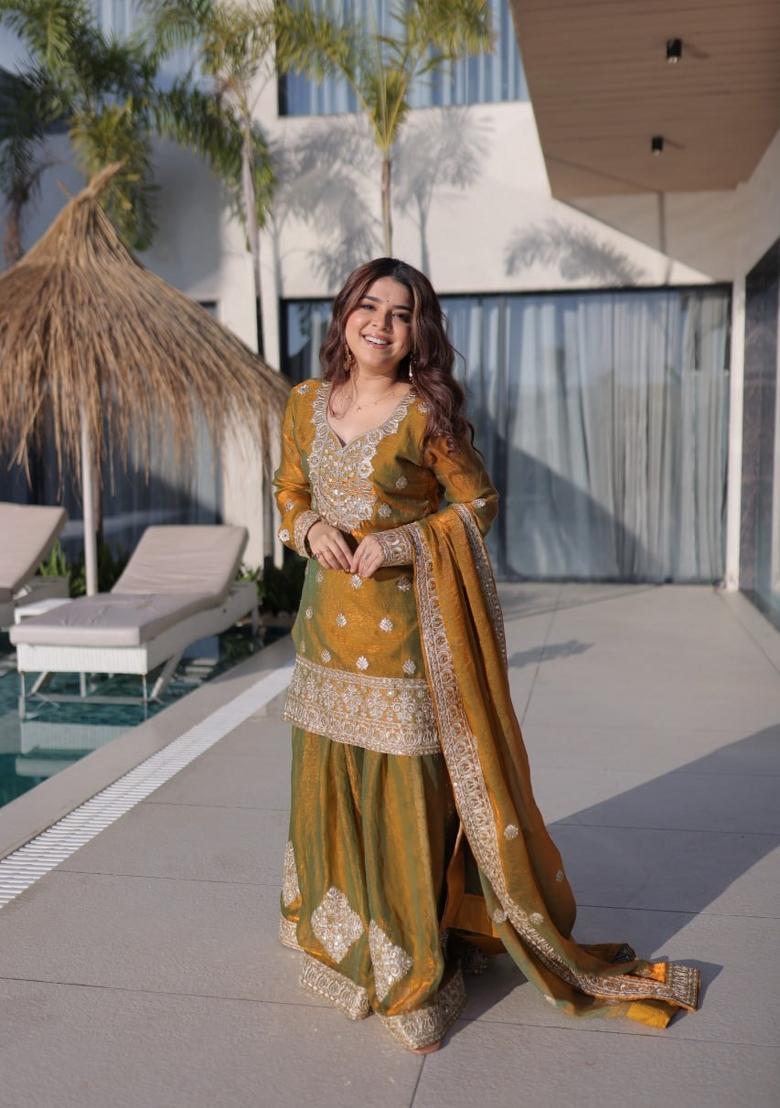 Golden Embroidered Silk Blend Salwar Kameez - Indya