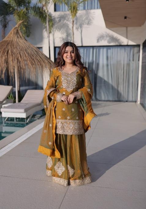 Golden Embroidered Silk Salwar Kameez