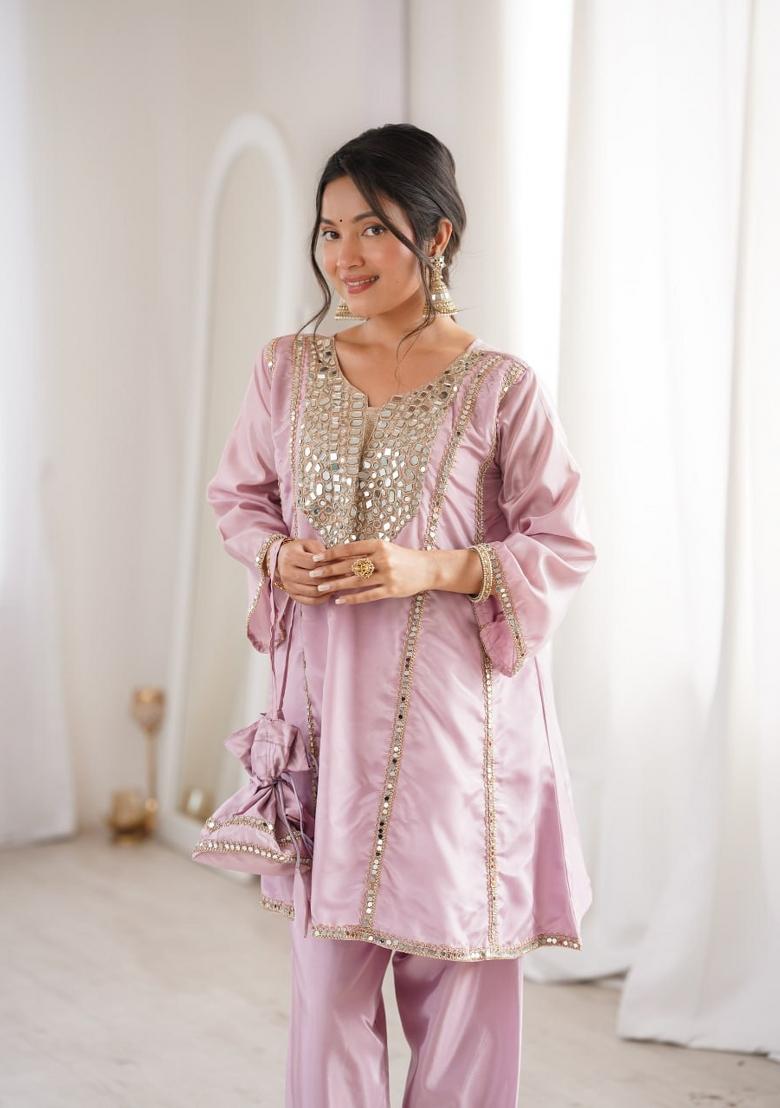 Pink Embroidered Silk Blend Salwar Kameez - Indya