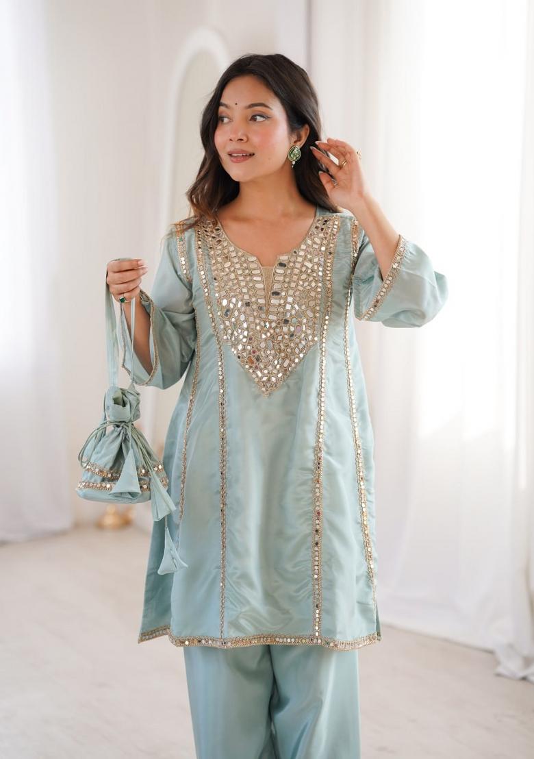 Sky Blue Embroidered Silk Blend Salwar Kameez - Indya