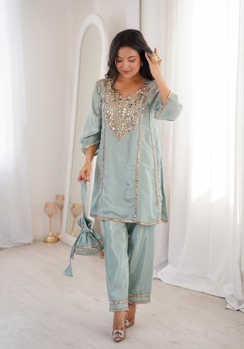Sky Blue Embroidered Silk Salwar Kameez