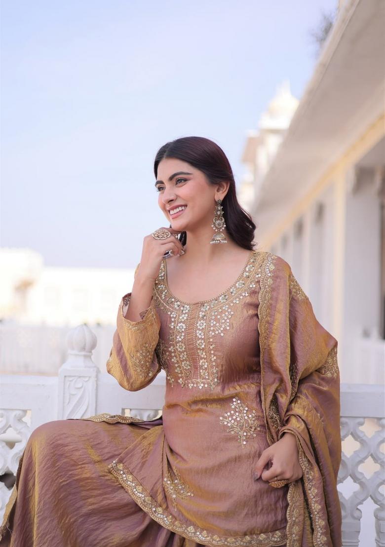 Onion Pink Embroidered Silk Blend Salwar Kameez - Indya