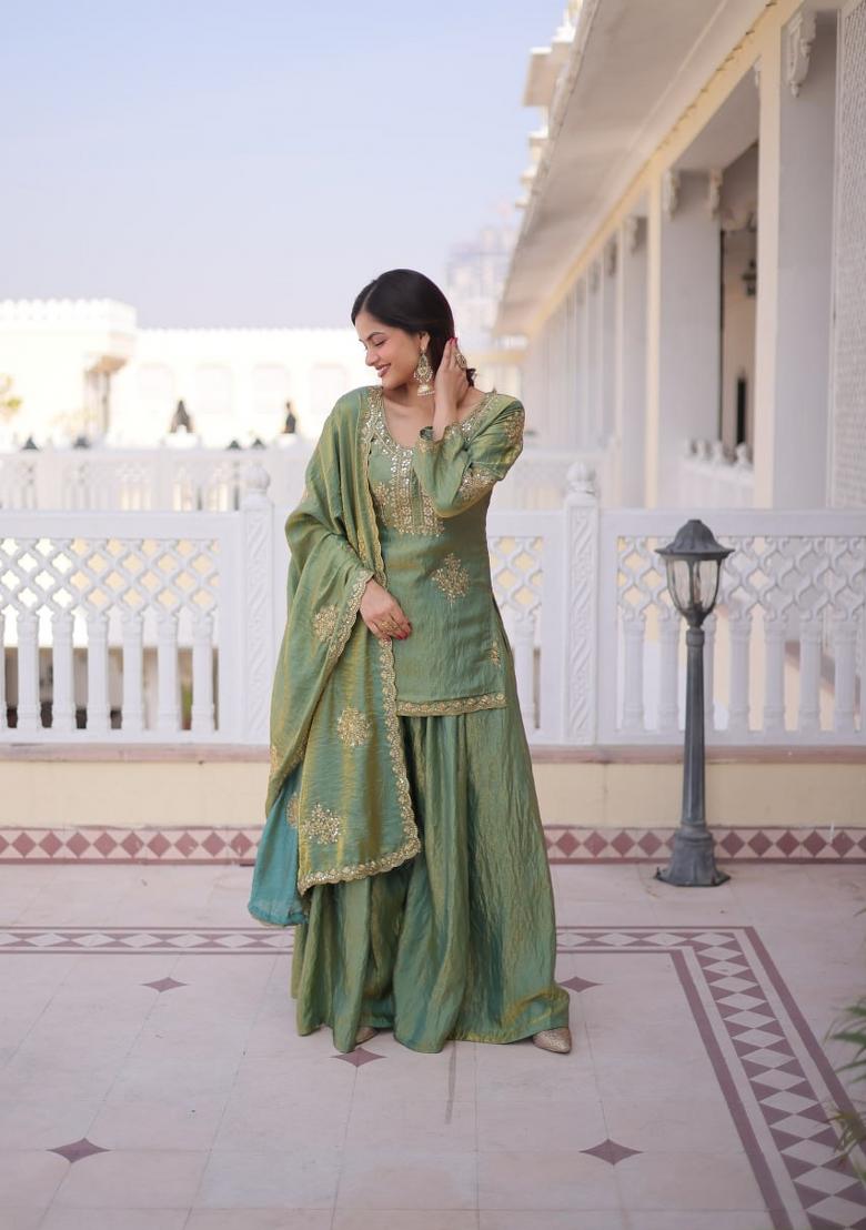 Light Sea Green Embroidered Silk Blend Salwar Kameez - Indya