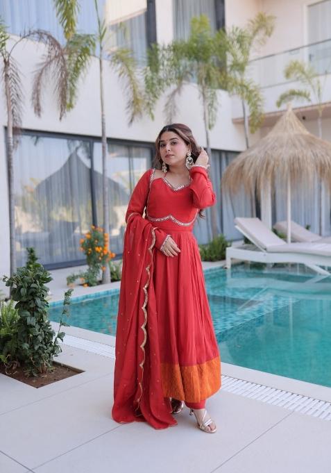 Orange Embroidered Chanderi Salwar Kameez