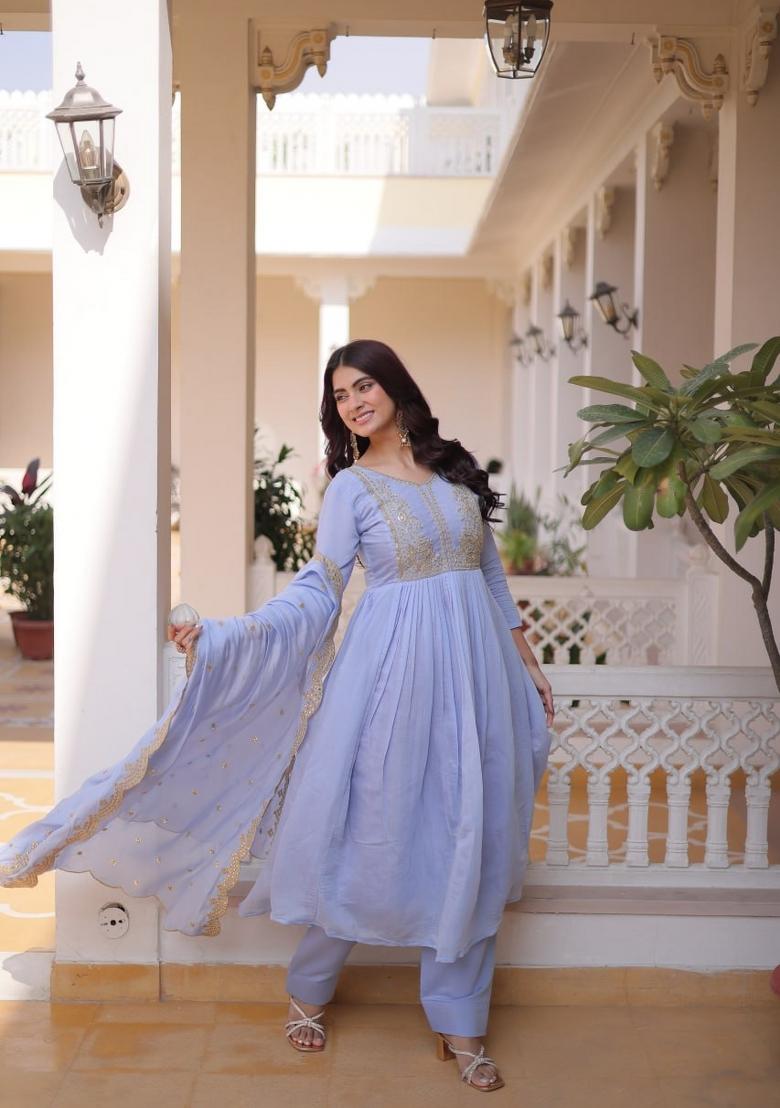 Blue Embroidered Chanderi Salwar Kameez - Indya